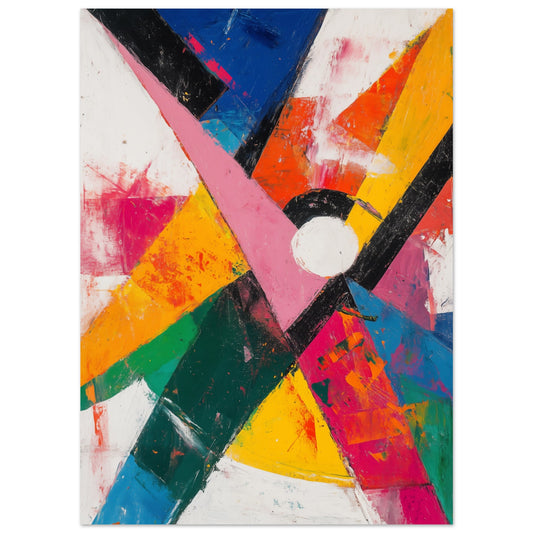 Poster „Abstraktes Farbspiel der Energie“ mit dynamischen Farbflächen in Rot, Gelb, Blau, Grün und Schwarz, 13 × 18 cm
