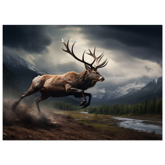 Poster „Eilender Monarch“ mit Hirsch in Bewegung vor dunkler Berglandschaft, 13x18 cm