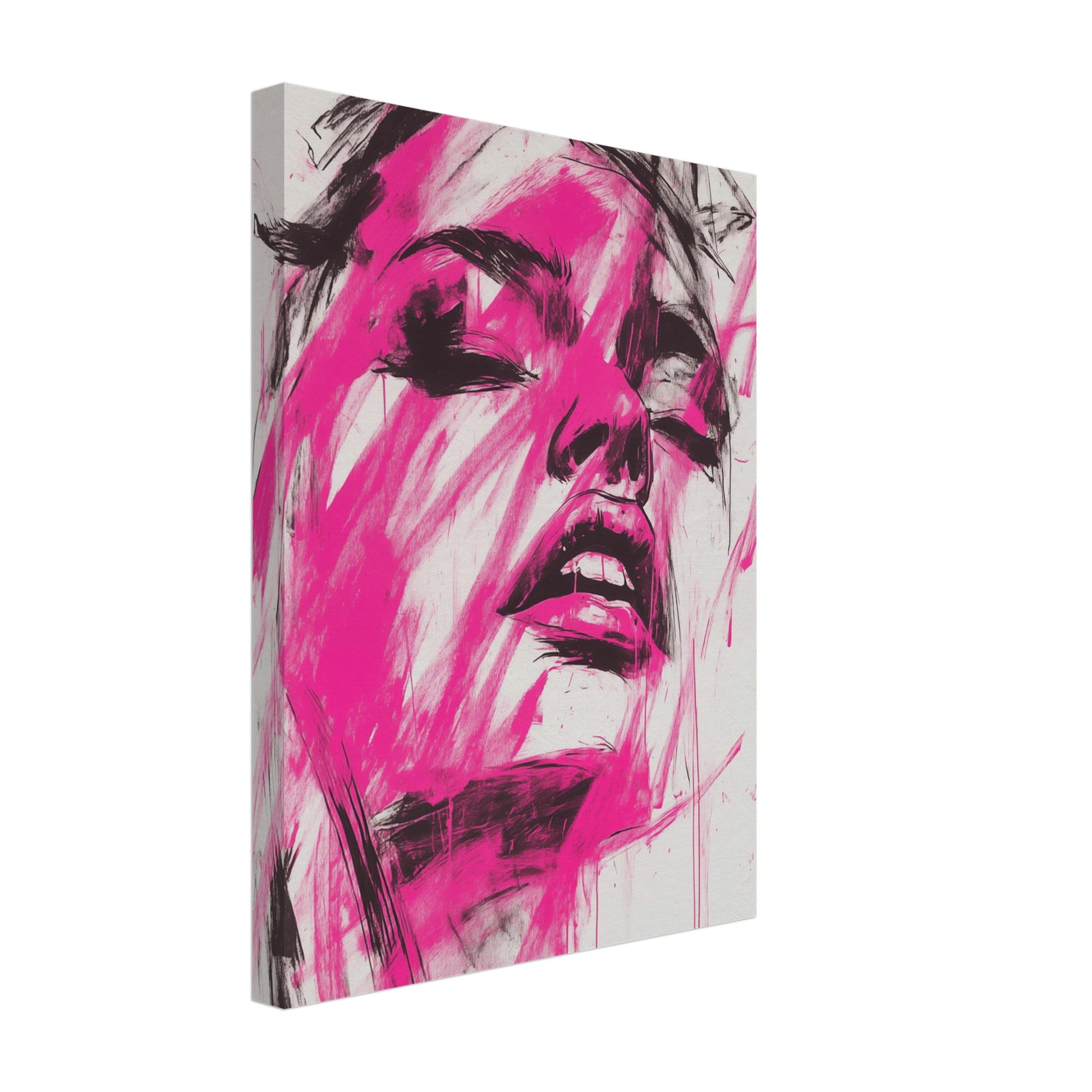 Leinwand „Fuchsia-Explosion“ mit expressives Frauenporträt aus kräftigen fuchsiafarbenen und schwarzen Pinselstrichen, 30x40 cm