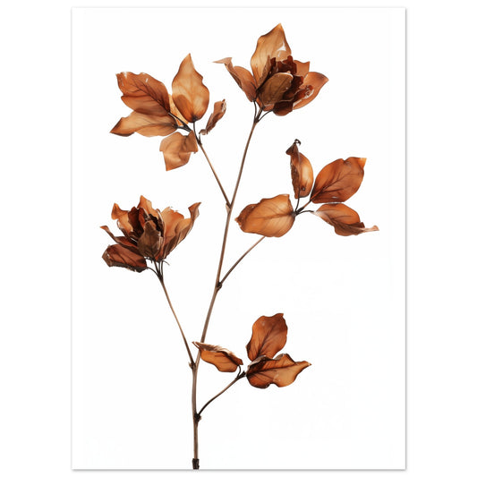 Poster „Autumn Elegance“ mit orangebraunem Herbstlaub an einem schlanken Zweig auf hellem Grund, 13 × 18 cm
