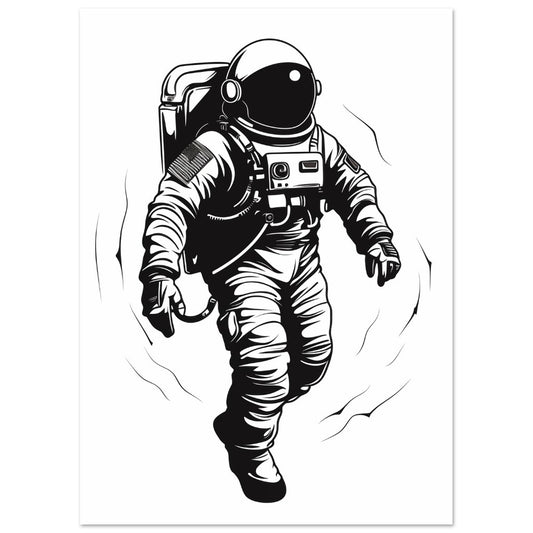 Poster „Schwerelos“ mit Astronaut als kontrastreiche Schwarzweiß-Line-Art auf hellem Grund, 13x18 cm