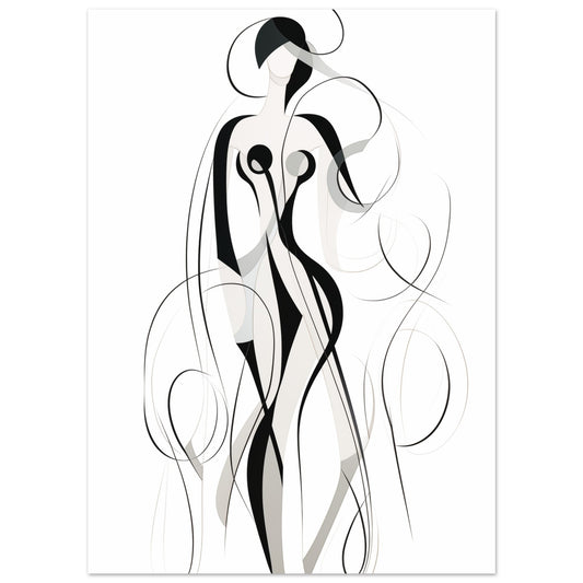 Poster „Elegance in Motion“ mit minimalistische schwarze Line-Art-Figur in fließender Bewegung, 13x18 cm