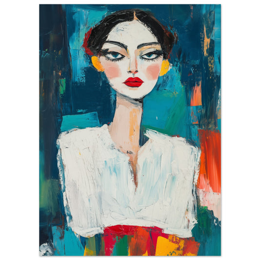 Poster „Ausdrucksstarke Eleganz“ mit Frauenporträt mit dunklem Haar, roten Lippen und Petrolhintergrund, 13 × 18 cm