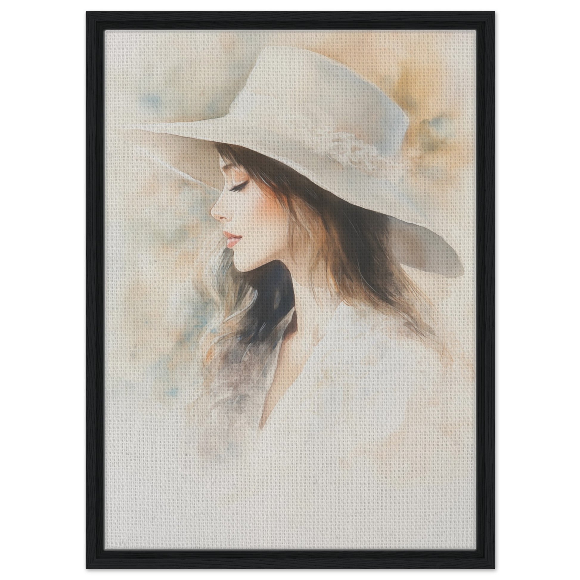 Zarte Wasserfarben-Porträt einer Frau | Gerahmte Leinwand Schwarzer Rahmen 50x70 cm - Pixara