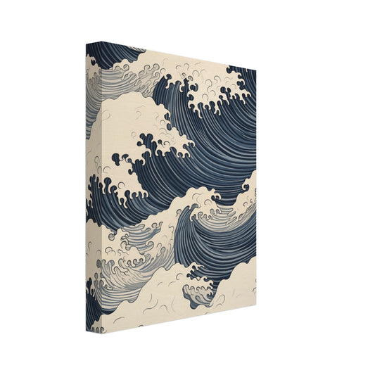 Leinwand „Serenity Swell“ mit stilisierten dunkelblauen Meereswellen auf cremefarbenem Grund, 20x25 cm