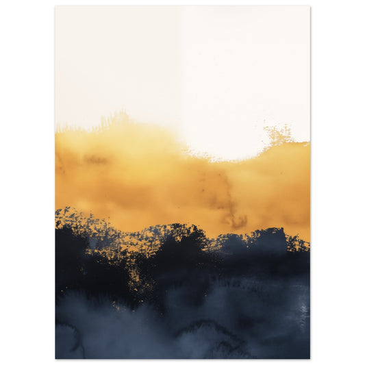 Poster „Goldene Morgendämmerung“ mit abstrakte goldene Lichtwolke über einer dunklen blau-schwarzen Fläche, 13x18 cm