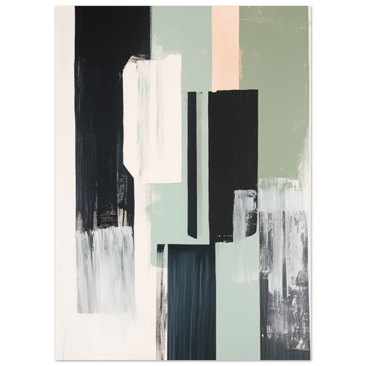 Poster „Urban Serenity , Abstrakte Komposition“ mit geometrischen Flächen in Schwarz, Weiß, Salbeigrün und Beige, 13x18 cm