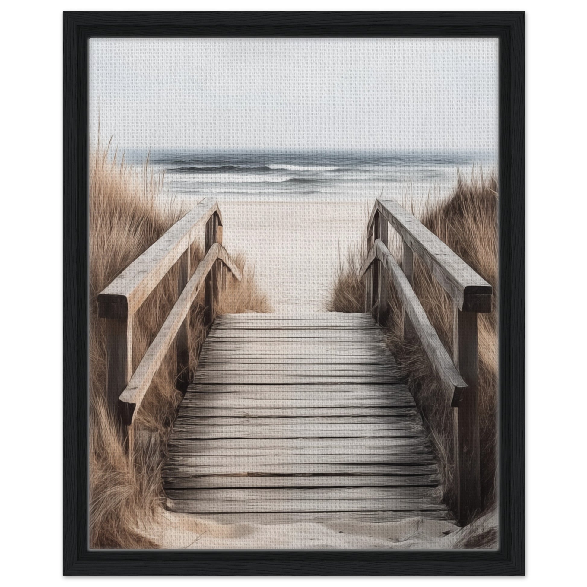 Gerahmte Leinwand „Holzsteg am Strand“, schwarzer Rahmen, 40 × 50 cm, mit Holzsteg durch helle Dünen zum ruhigen Meer