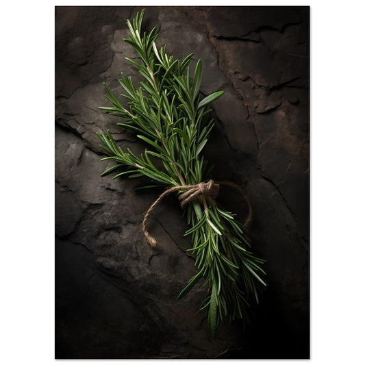 Poster „Mediterrane Ruhe“ mit gebündelter Rosmarinzweig auf dunkler Steinoberfläche, 13x18 cm