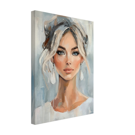 Leinwand „Sanfte Schönheit“ mit Frauenporträt mit hellgrauem Haar in kühlen Blau- und Cremetönen, 30x40 cm