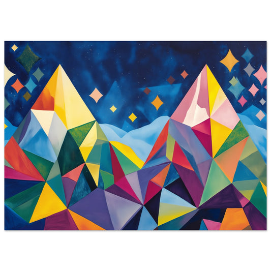 Poster „Geometrische Berglandschaft im Sternenlicht“ mit geometrischer Berglandschaft unter tiefblauem Sternenhimmel, 13x18 cm