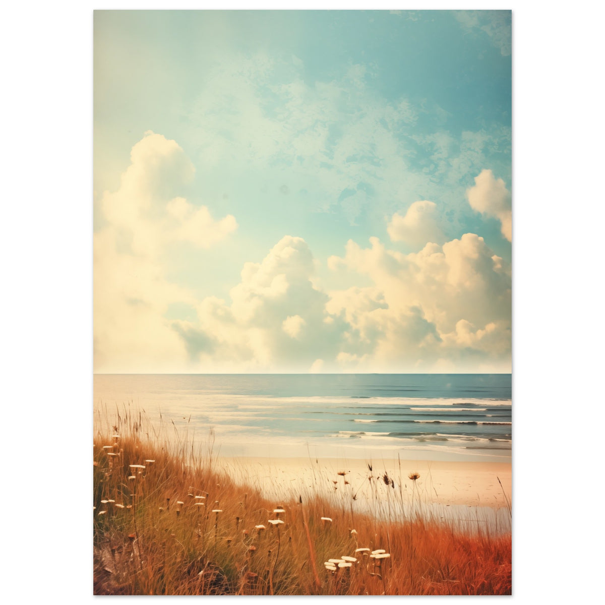 Poster „Seelandschaft in Sanftem Retro“ mit ruhiger Retro-Küstenlandschaft mit Strandgräsern, 50x70 cm