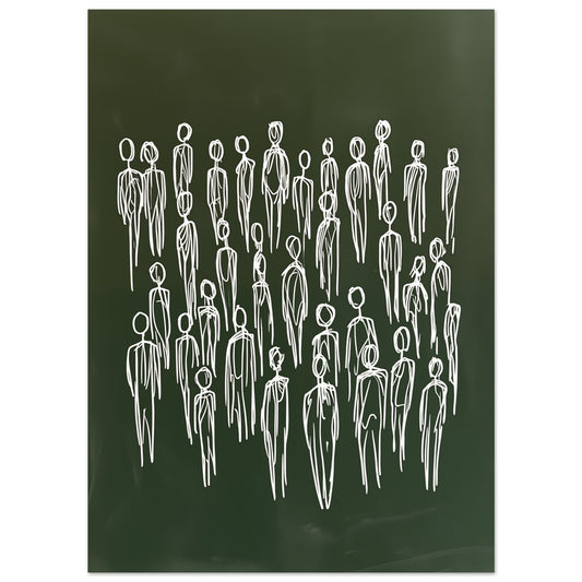 Poster „Die Menschenmenge“ mit abstrakte Gruppe weißer, linienhafter Figuren auf olivgrünem Gru, 13x18 cm