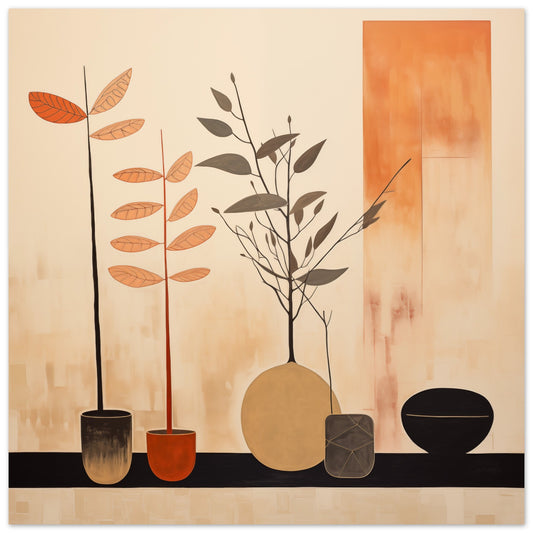 Poster „Pflanzen in Ambers Atelier“ mit stilisiertes Pflanzen-Stillleben mit Vasen und Zweigen in warmen Naturtönen, 25x25 cm
