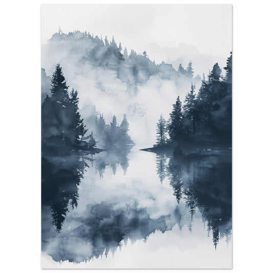 Poster „Nebelwald“, 13 × 18 cm, mit nebliger Wald- und Seenlandschaft in kühlem Blau und Grau