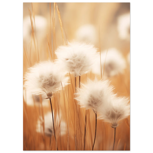 Poster „Cotton Calm“ mit weiche weiße Samenstände in warmem goldenem Licht, Format 13 × 18 cm