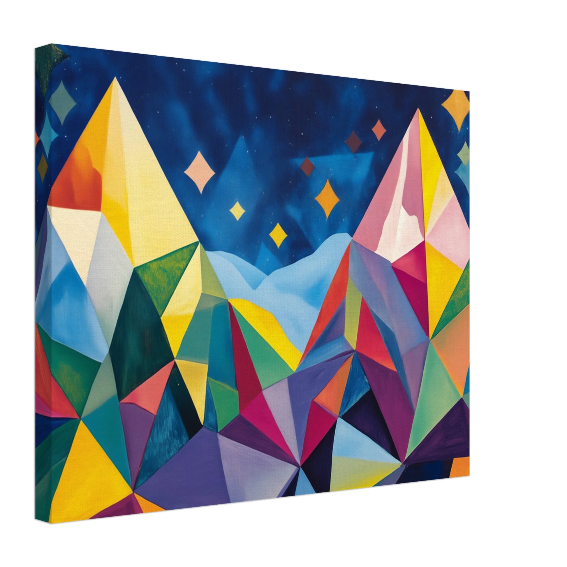Leinwand „Geometrische Berglandschaft im Sternenlicht“ mit geometrischer Berglandschaft unter tiefblauem Sternenhimmel, 40x50 cm