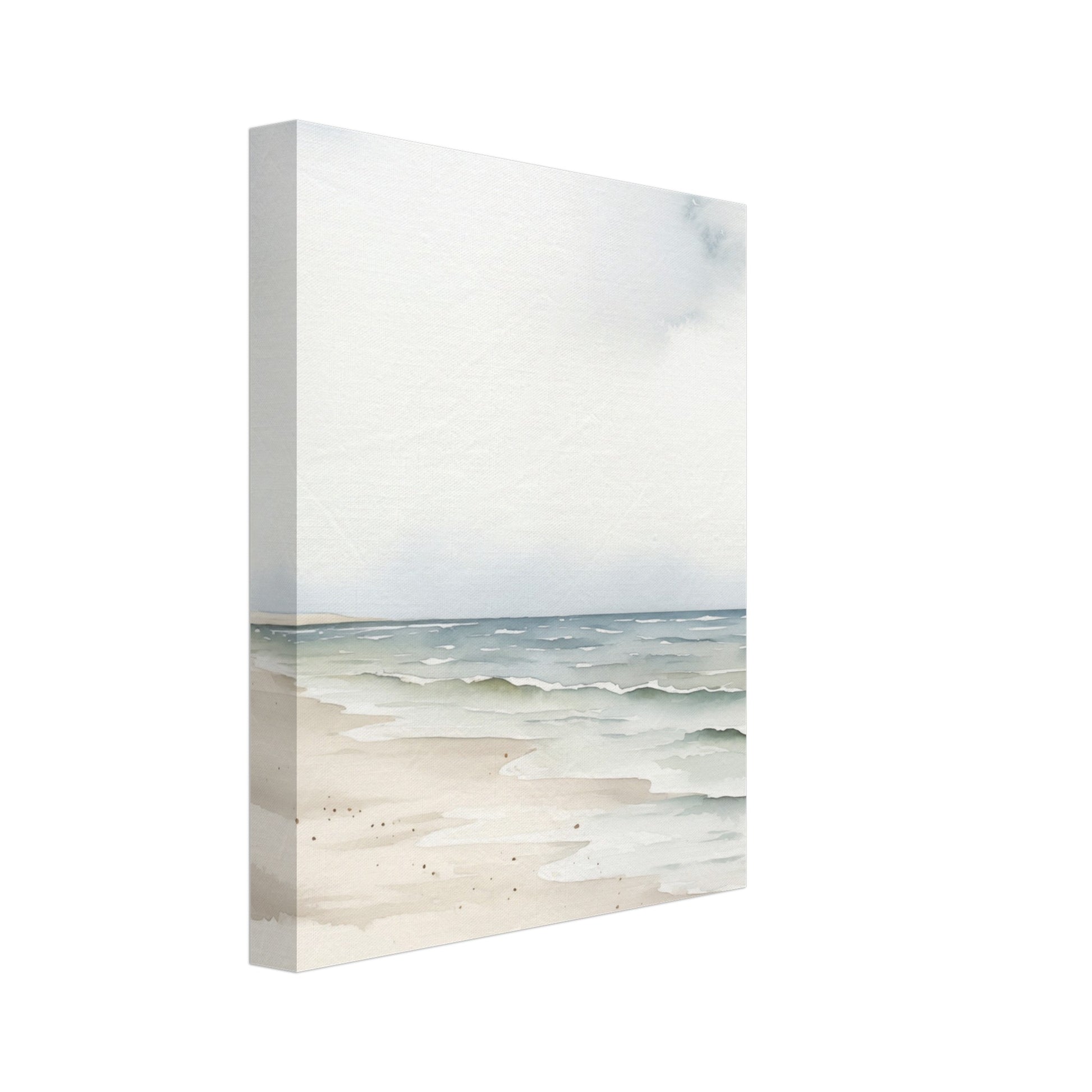 Leinwand „Meeresblick“ mit minimalistischer Meereslandschaft mit hellem Strand und blaugrünen Wellen, 20x25 cm