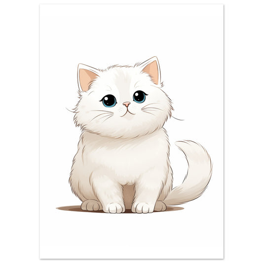 Poster „Kätzchen "Cuddles"“ mit niedliches weißes Kätzchen mit flauschigem Fell und großen Augen, 13x18 cm