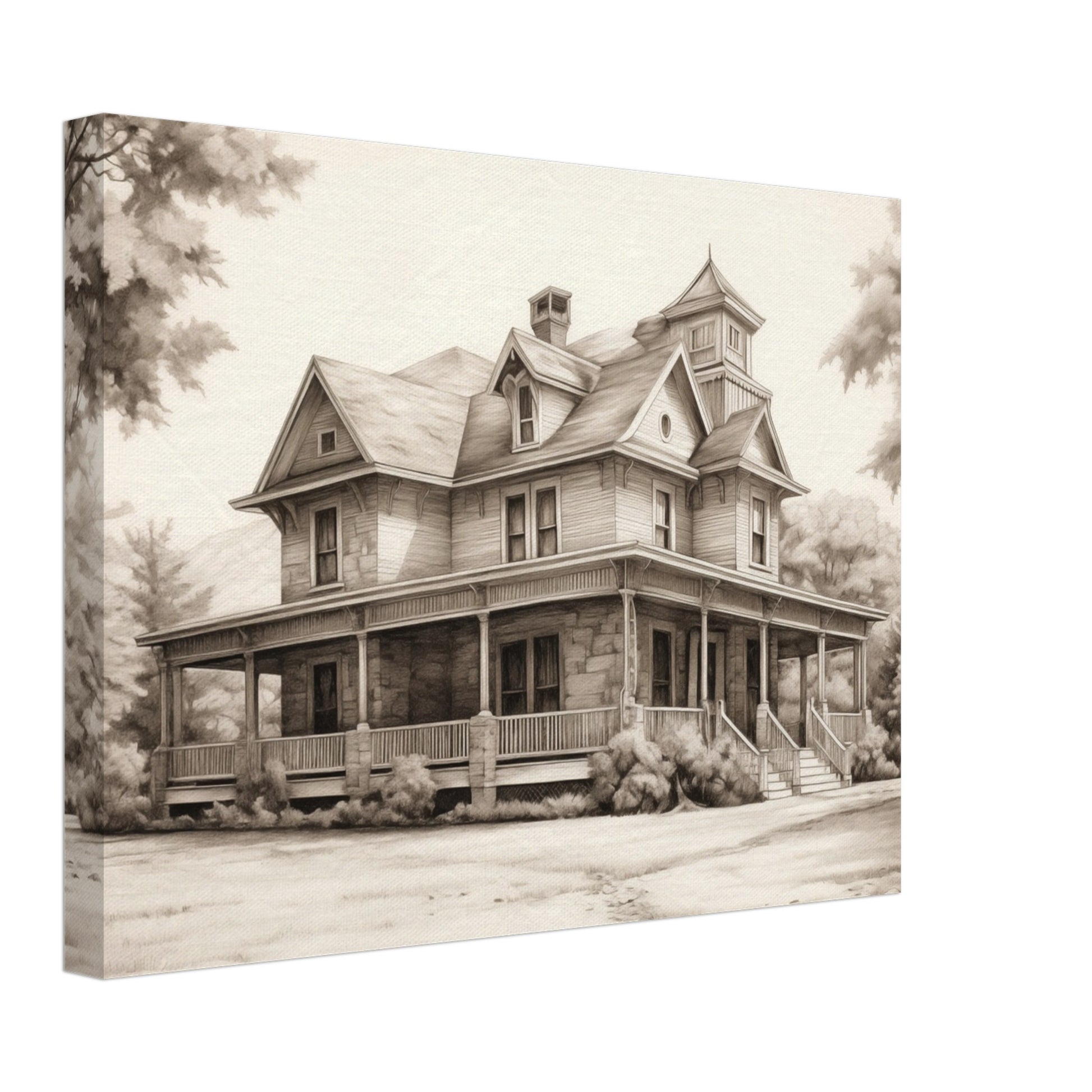 Leinwand „Echoes of the Past“ mit historisches viktorianisches Holzhaus in sepiafarbener Vintage-O, 30x40 cm