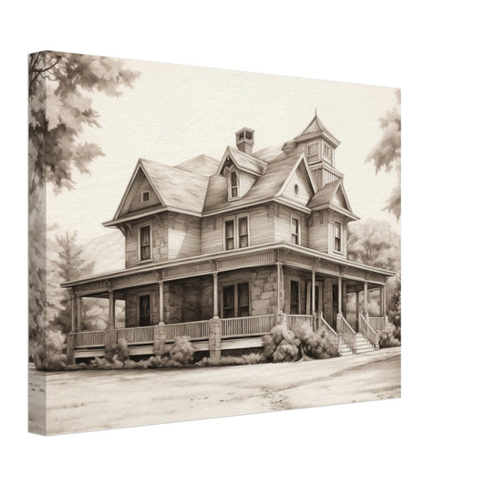 Leinwand „Echoes of the Past“ mit historisches viktorianisches Holzhaus in sepiafarbener Vintage-O, 30x40 cm
