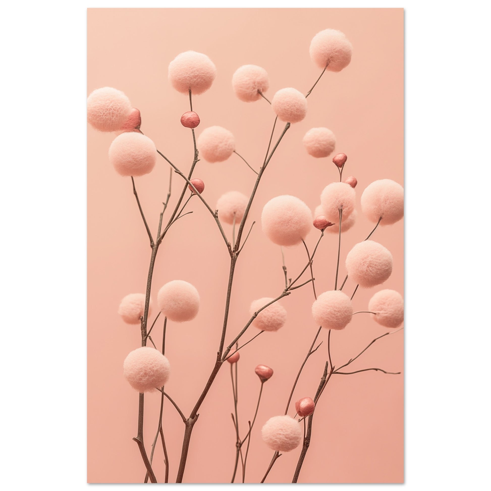 Poster „Zarte Blüten in Pastellrosa“ mit runde pastellrosa Blüten auf feinen dunklen Stielen vor rosafarbenem Grund, 60x90 cm