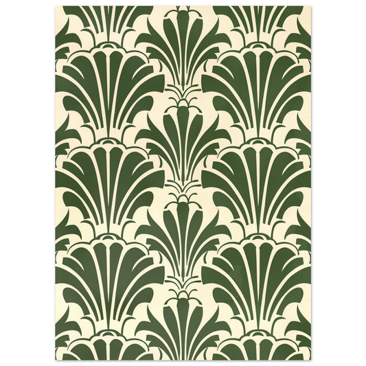 Poster „Art-Déco Eleganz“ mit grünem Art-Déco-Fächermuster und cremefarbenen Blütenformen, 13 × 18 cm