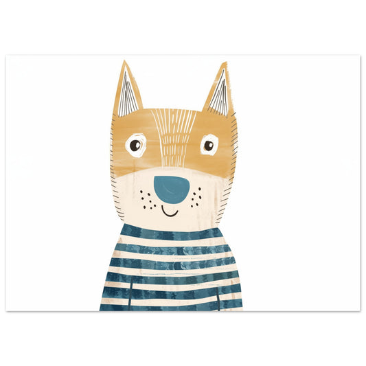 Poster „Bodo der freundliche Hund“ mit freundlicher illustrierter Hund mit gestreiftem Pullover, Format 13 × 18 cm