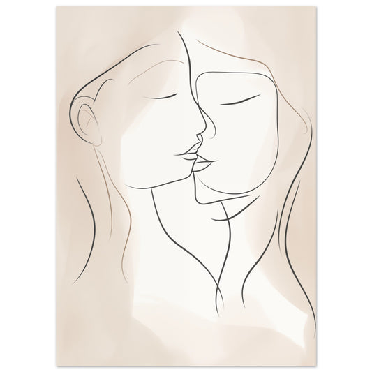 Poster „Harmonische Begegnung“ mit zwei Gesichter als feine schwarze Line Art auf warmem Cremegrund, 13x18 cm