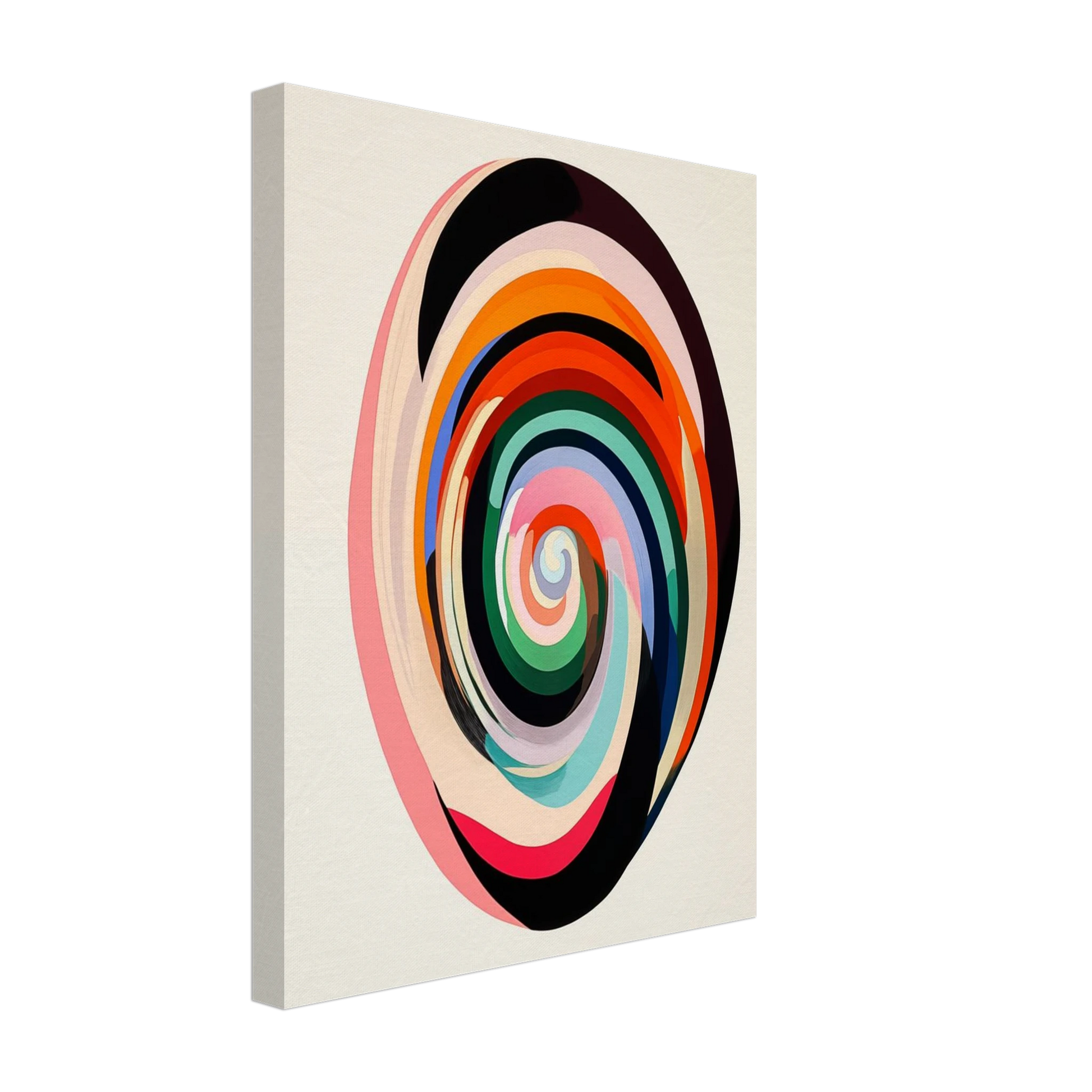 Leinwand „Farbenfrohe Spirale“ mit abstrakte Spirale aus Schwarz, Rosa, Orange, Türkis und Grün auf hellem Grund, 30x40 cm