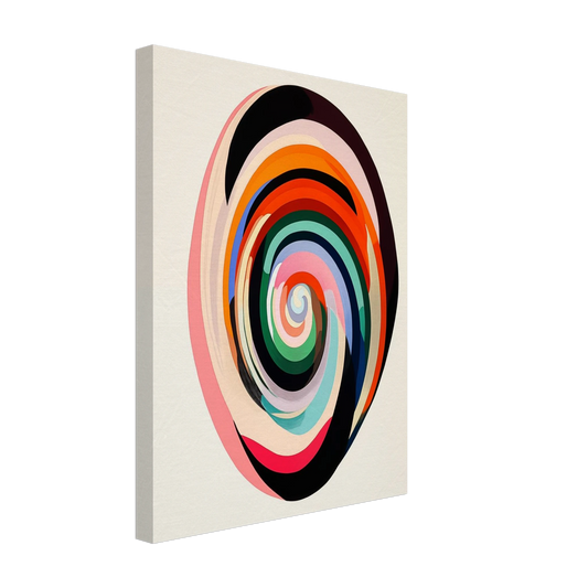 Leinwand „Farbenfrohe Spirale“ mit abstrakte Spirale aus Schwarz, Rosa, Orange, Türkis und Grün auf hellem Grund, 30x40 cm