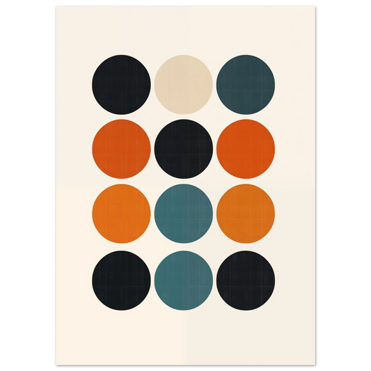 Poster „Retro Farbpalette mit Kreisen“ mit grafisches Raster aus Kreisen in Petrol, Rost, Sand und Schwarz, 13x18 cm