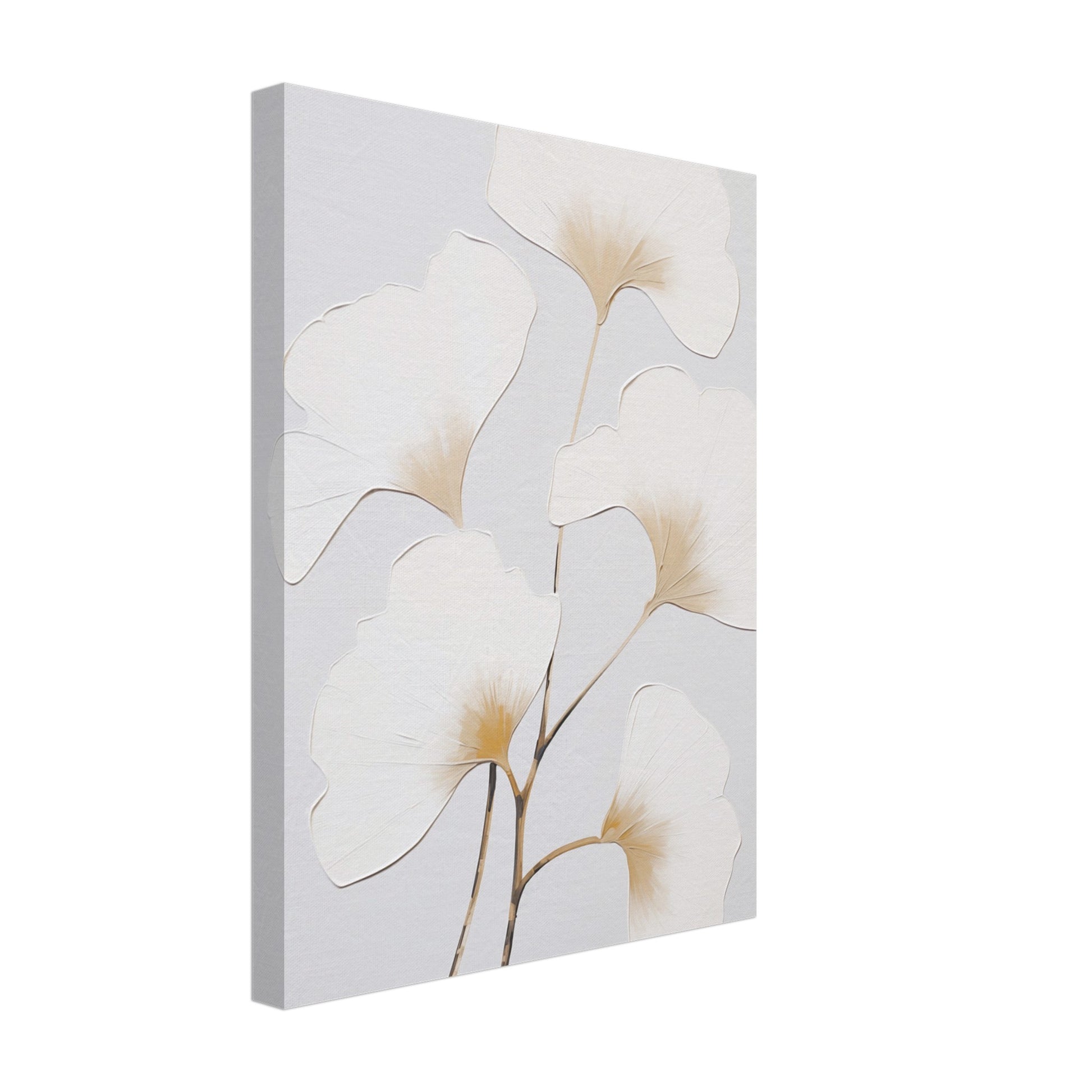 Leinwand „Ginko im Morgenlicht“ mit helle Ginkgoblätter mit warmen beigegoldenen Zentren auf sanft grauem Grund, 30x40 cm