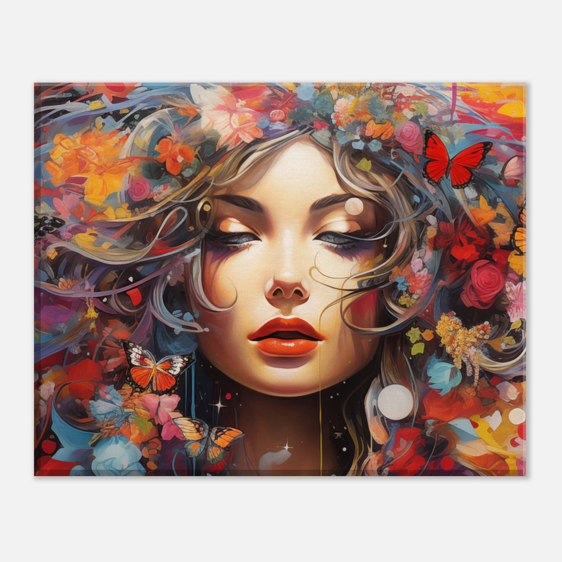 Leinwand „Traumfängerin“ mit Frauenporträt mit üppigem floralen Kopfschmuck, 20x25 cm