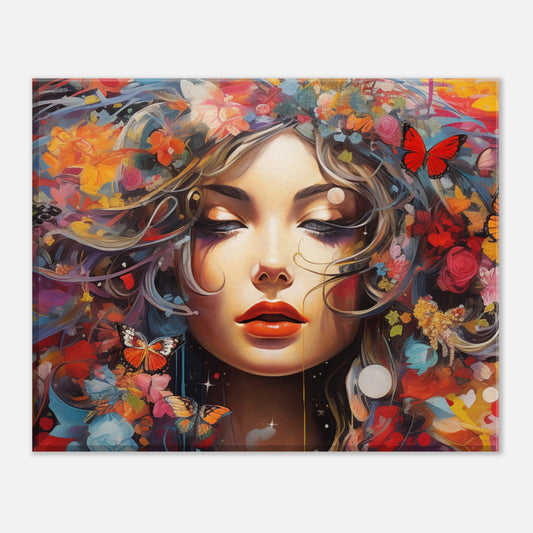 Leinwand „Traumfängerin“ mit Frauenporträt mit üppigem floralen Kopfschmuck, 20x25 cm