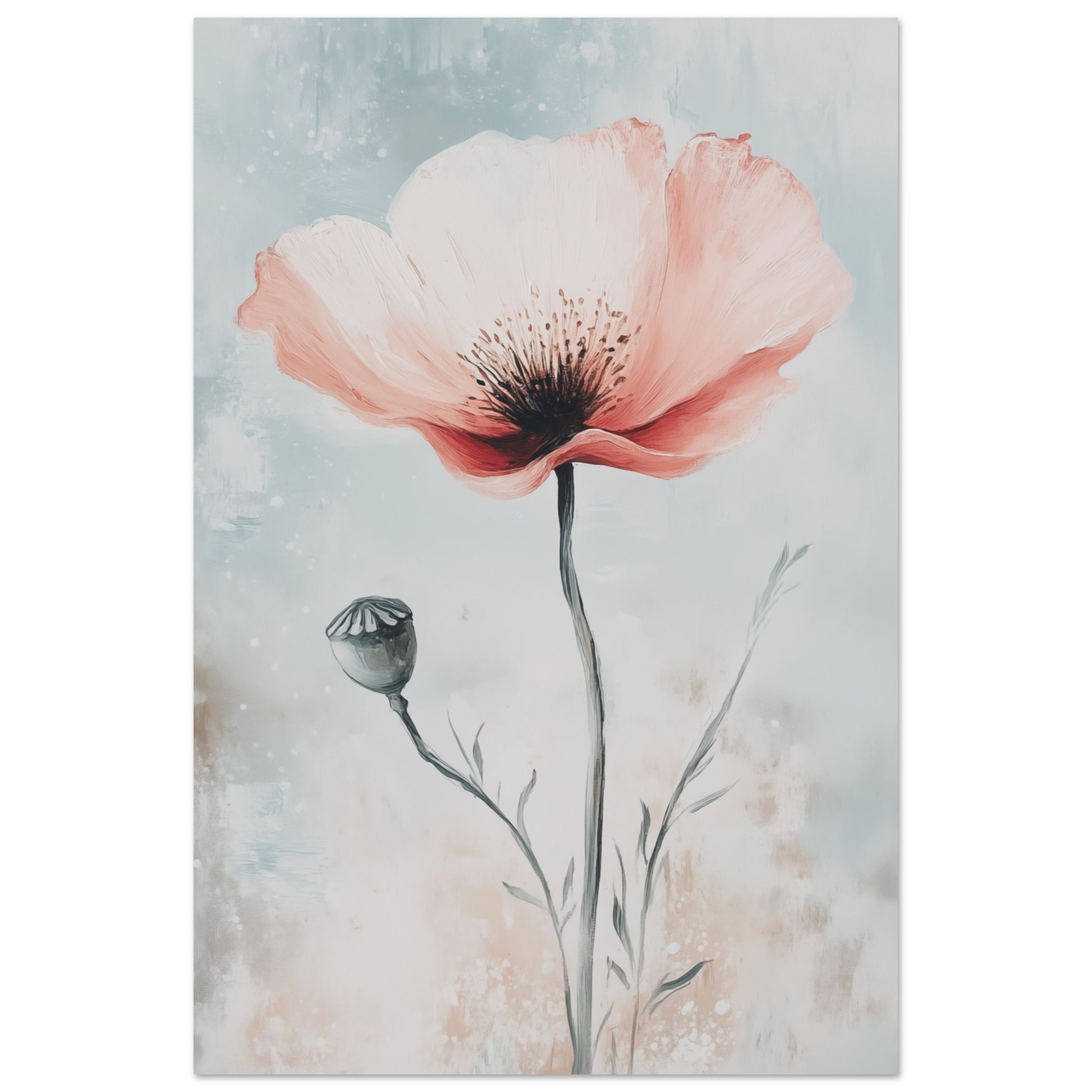 Poster „Mohnblume in sanften Farben“ mit zarte rosa Mohnblume vor weich aquarelliertem Hintergrund in Hellblau und Creme, 60x90 cm