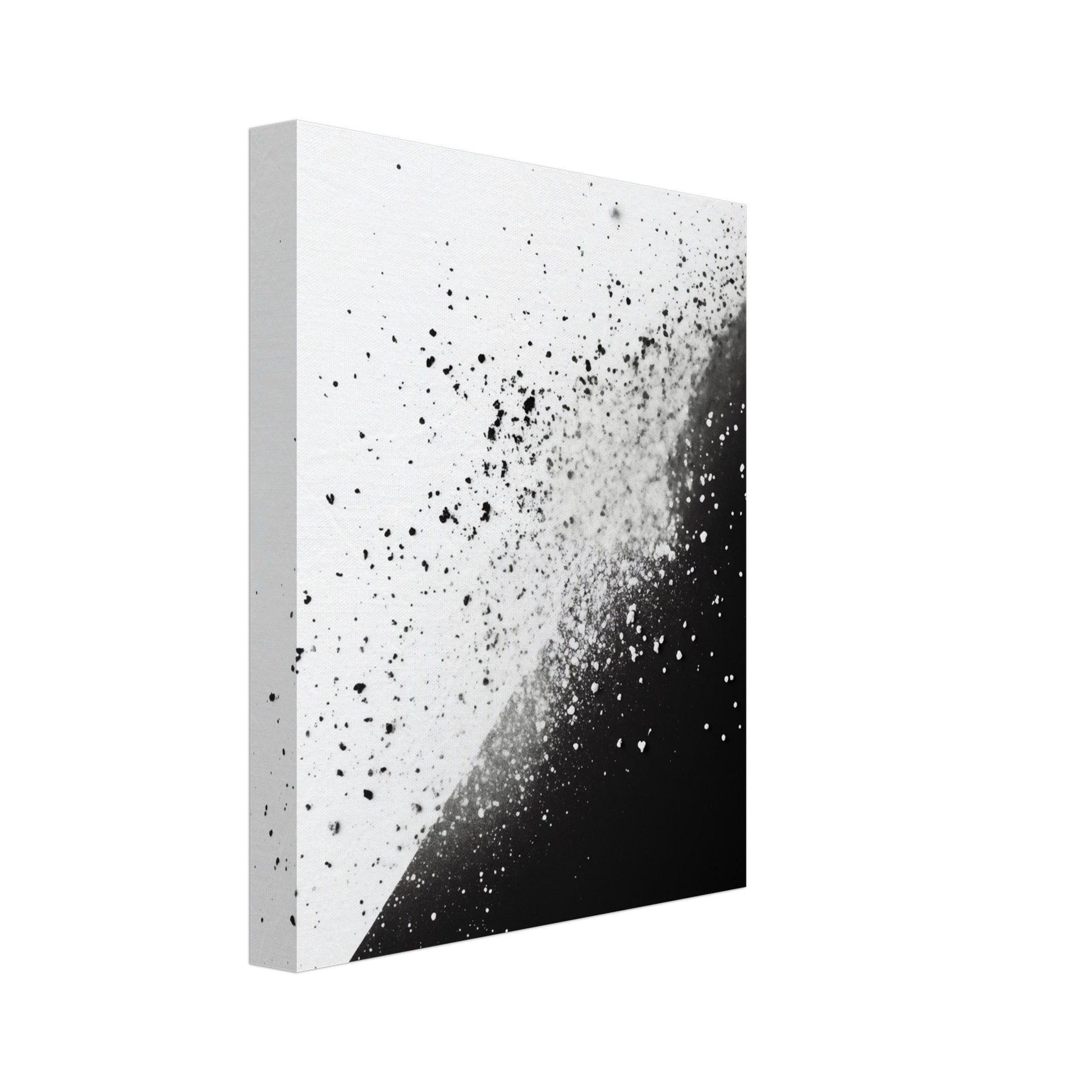 Leinwand „Schwarz-Weiß-Splitter 1“ mit diagonaler Schwarzweiß-Fläche mit feinem Partikelspritzer, 20x25 cm