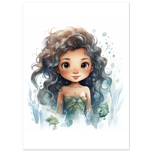 Poster „Meerjungfrau "Marlen"“ mit niedliche Meerjungfrau mit dunklen Locken und türkisgrünem Schuppenkleid, 13x18 cm