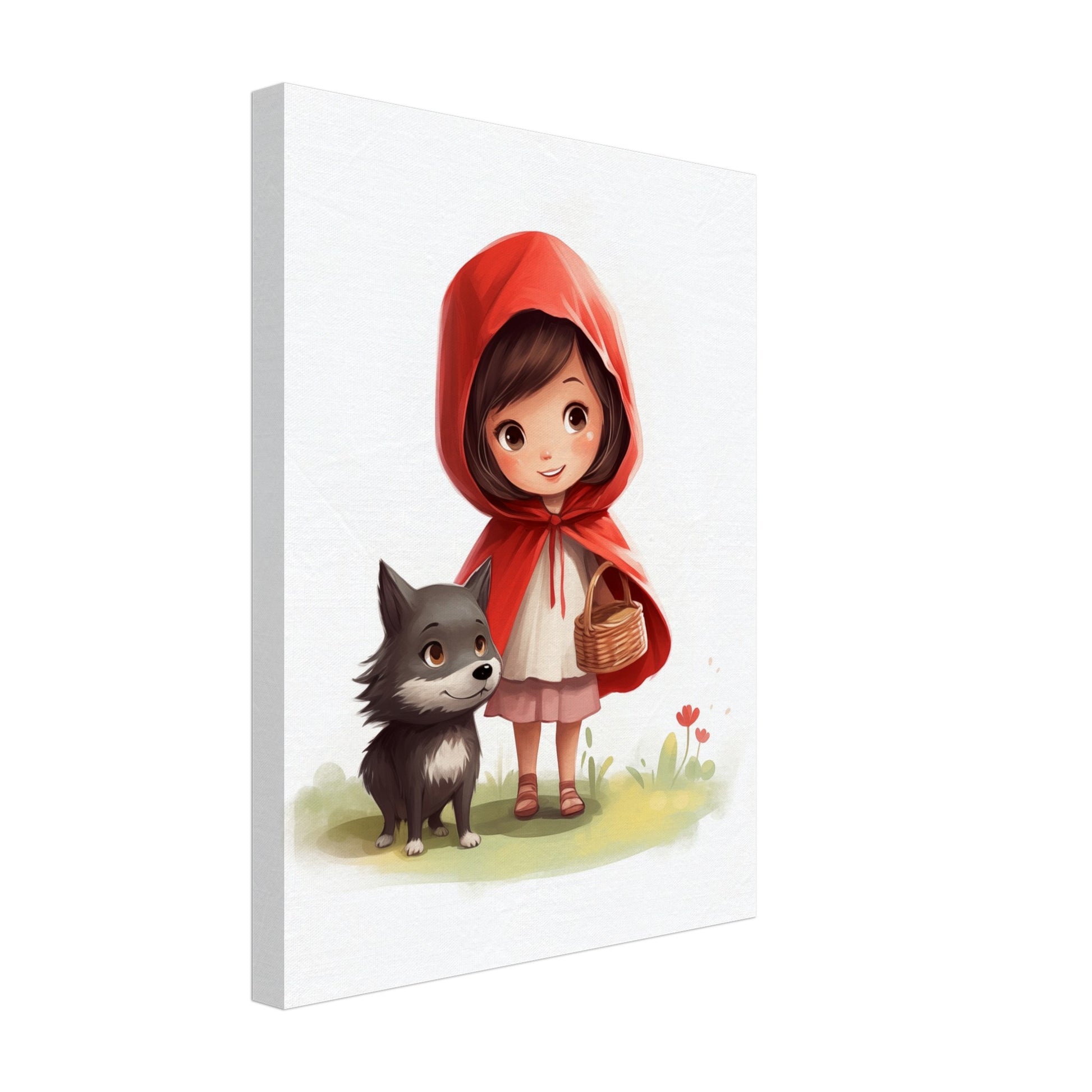 Leinwand „Ruby im Zauberwald“ mit Mädchen mit roter Kapuze und grauem Wolf, 30x40 cm