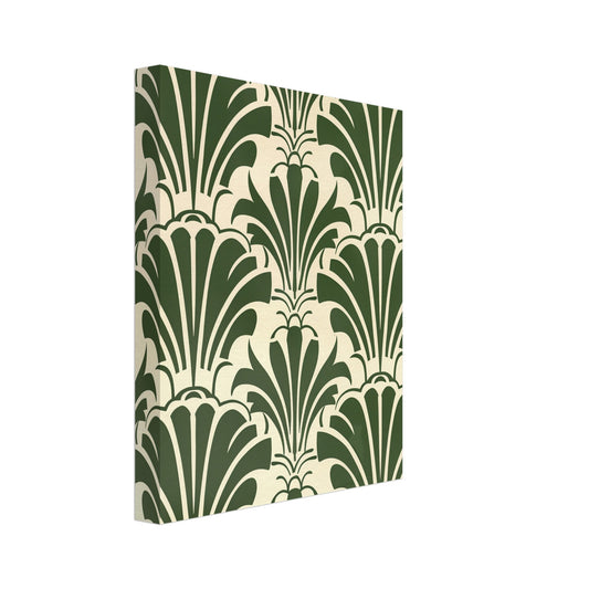 Leinwand „Art-Déco Eleganz“ mit grünem Art-Déco-Fächermuster und cremefarbenen Blütenformen, 20 × 25 cm