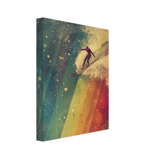 Leinwand „Regenbogensurfer“ mit Surfer auf einer dynamischen Welle aus kräftigen Regenbogenfarben, 20x25 cm