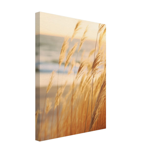 Leinwand „Goldene Wispern“ mit goldene Gräser im warmen Abendlicht vor weich verschwommenem Meereshorizont, 30x40 cm