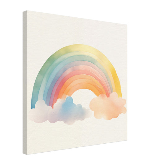 Leinwand „Remy's Regenbogen“ mit sanfter pastellfarbener Regenbogen mit kleinen Wolken, 50x50 cm
