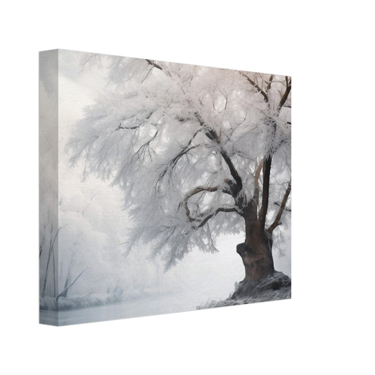 Leinwand „Wintertraum am See“ mit großer kahler Baum am stillen See in heller winterlicher Landschaft, 20x25 cm