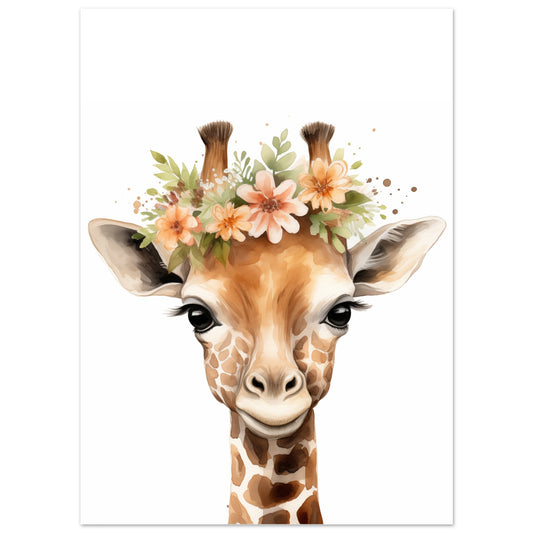 Poster „Giraffe "Giselle"“ mit freundliche Giraffe mit Blumenkranz und großen Augen auf weißem Grund, 13x18 cm