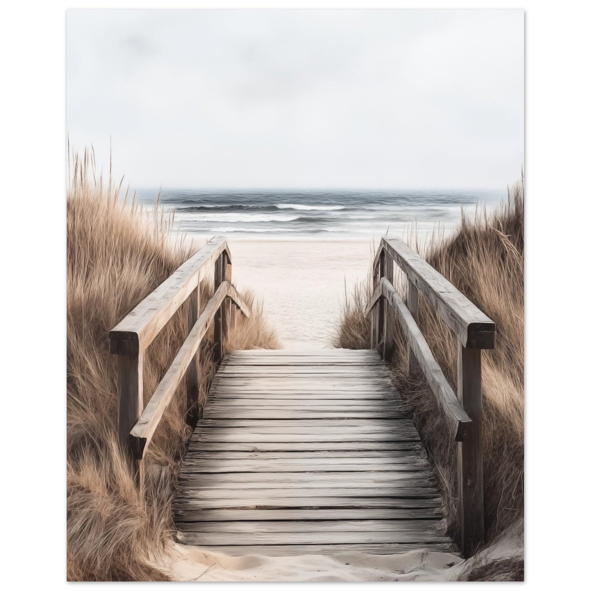 Wandbild „Holzsteg am Strand“ mit Holzsteg durch helle Dünen und Gräser zum ruhigen Meer, 20x25 cm
