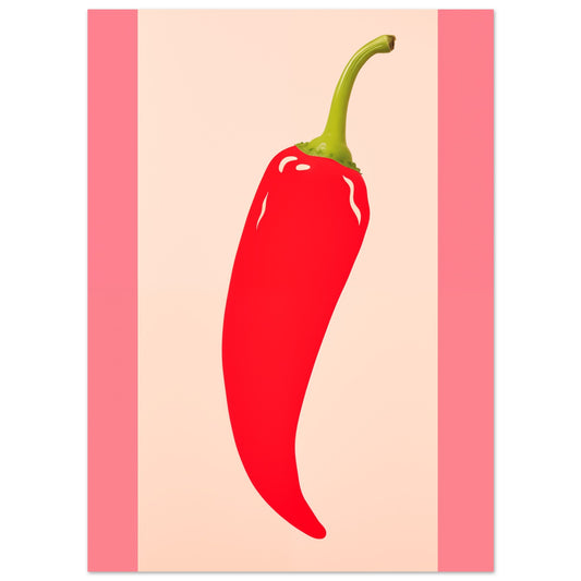 Poster „Feurige Entspannung“ mit rote Chilischote als reduzierte Pop-Art-Illustration auf rosa und cremefarbenem Grund, 13x18 cm