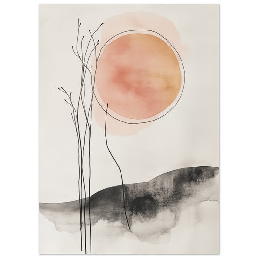 Poster „Sonnenaufgang in Stille“, 13 × 18 cm, mit warmem Sonnenkreis und feinen Zweigen über schwarzer Aquarelllandschaft