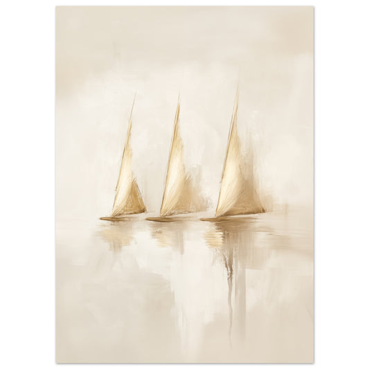 Poster „Ruhige Segel“ mit drei helle Segelboote in einer ruhigen, nebligen Meereslandschaft in Creme und Sand, 13x18 cm