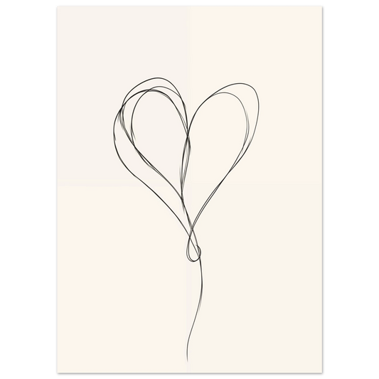Poster „One-Line Love“ mit minimalistisches Herz aus einer einzigen feinen schwarzen Linie auf hellem Grund, 13x18 cm